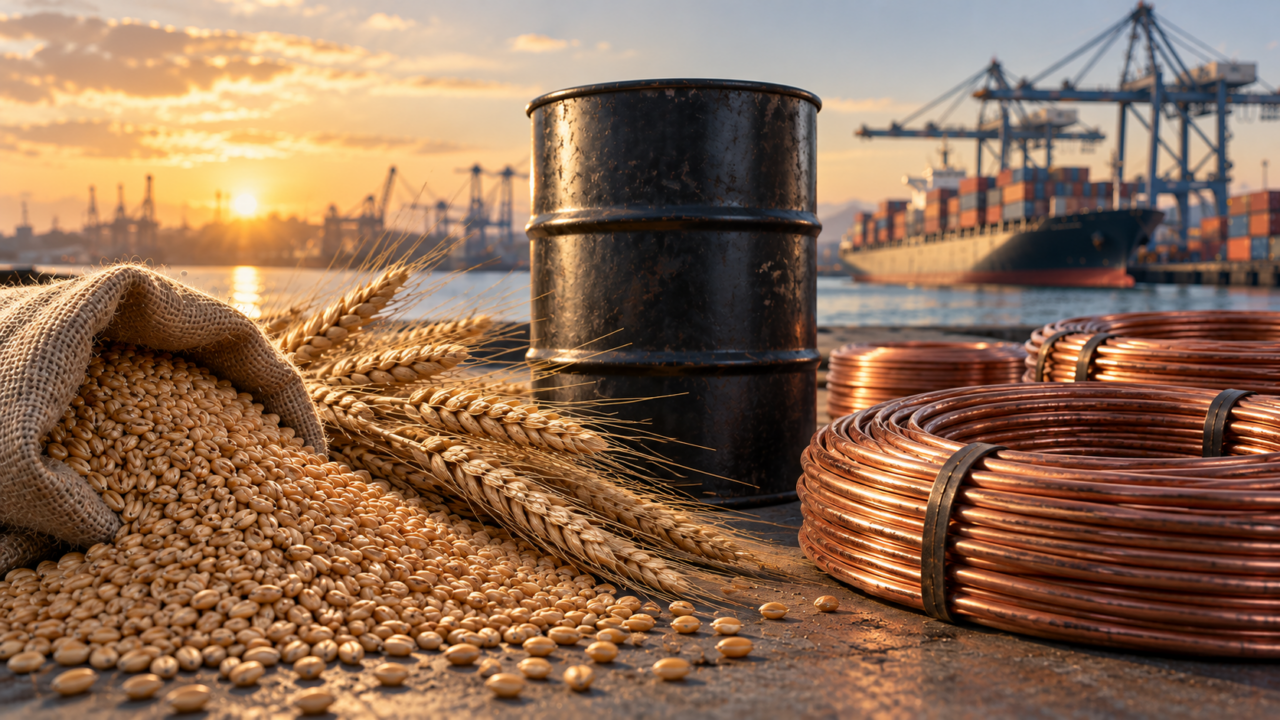 Illustration of wheat, an oil barrel and copper coils beside a shipping port.