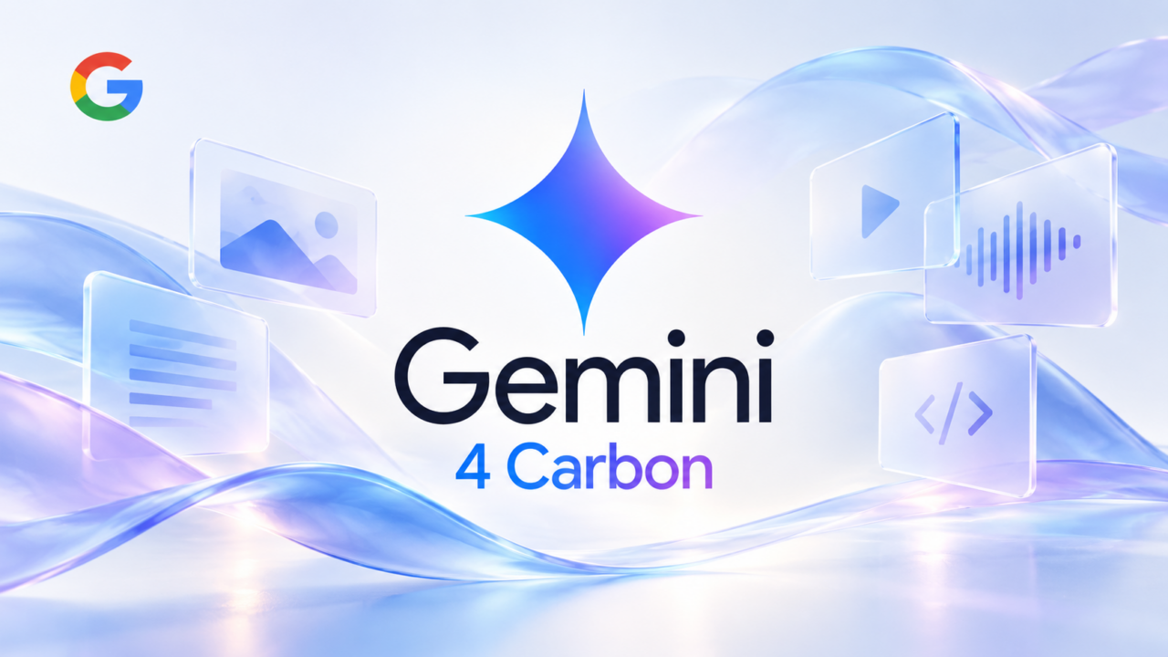 Google G logo and Gemini sparkle above the words Gemini 4 Carbon, surrounded by abstract media and coding symbols.