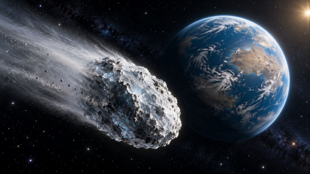 Illustration of a comet in space with early Earth in the background; not to scale.